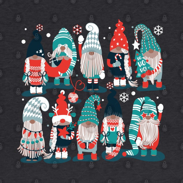 Let it gnome // spot // dark teal background little Santa's helpers preparing for Christmas neon red mint dark green and duck egg blue dressed gnomes by SelmaCardoso